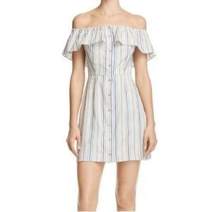 Wayf Off The Shoulder Striped Ruffle Button Up Dress‎ Blue Cream Size Medium